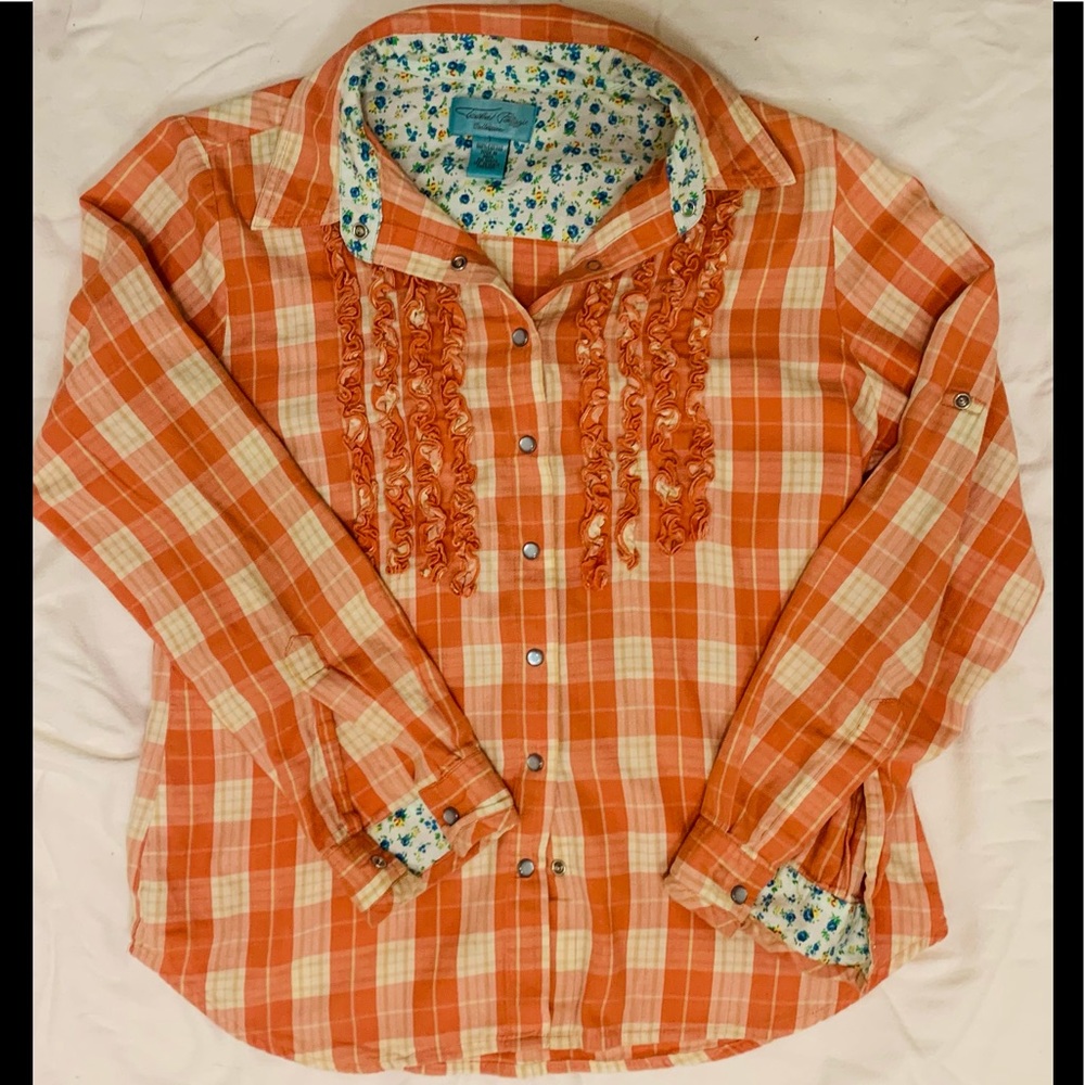 Tasha Polizzi Orange and Cream Plaid Ruffle Western Shirt